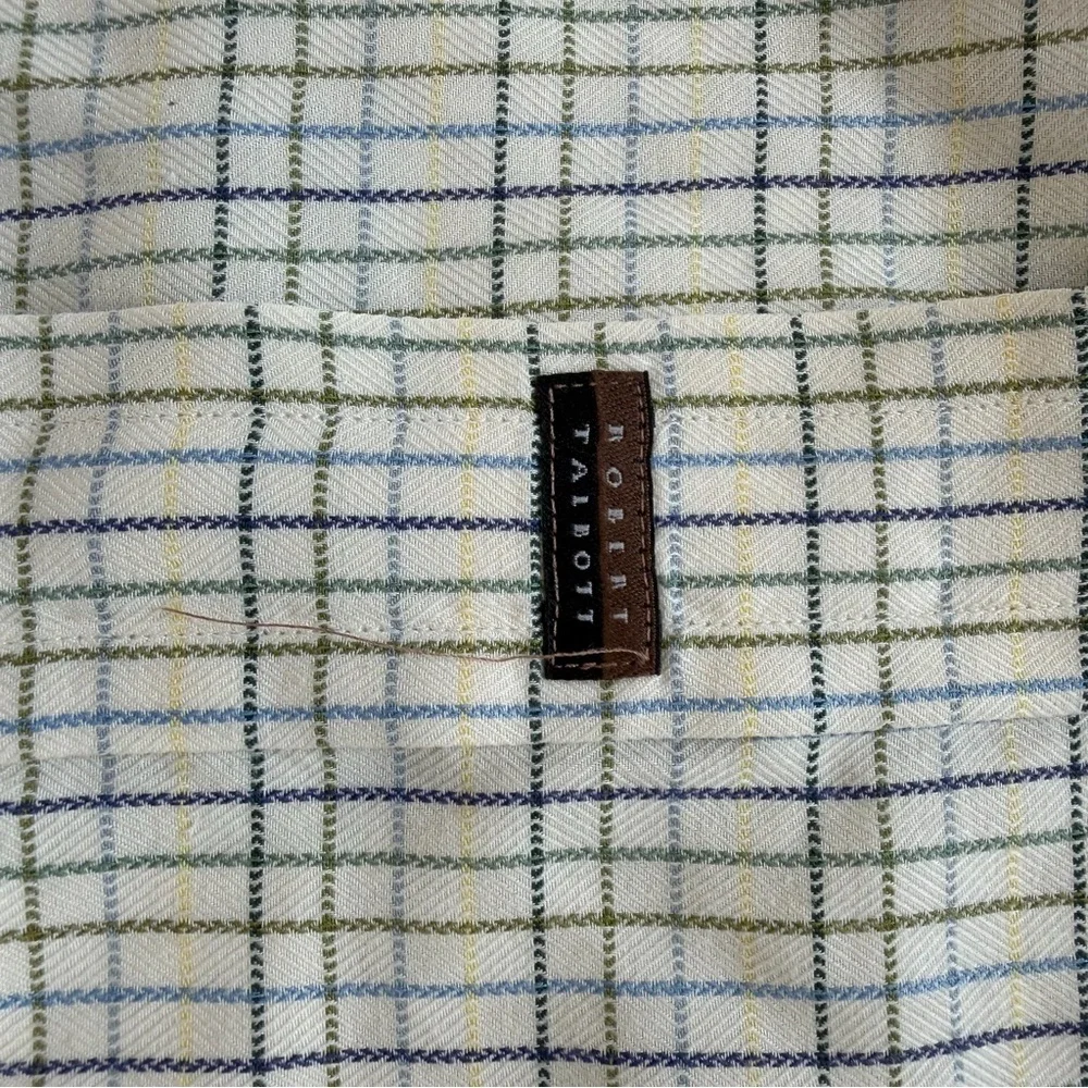 Robert Talbott XL Cream Green Blue Check Button Down Shirt Cotton Top